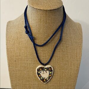 ❗️deleting soon❗️Ceramic floral Heart Pendant Necklace with Blue Cord